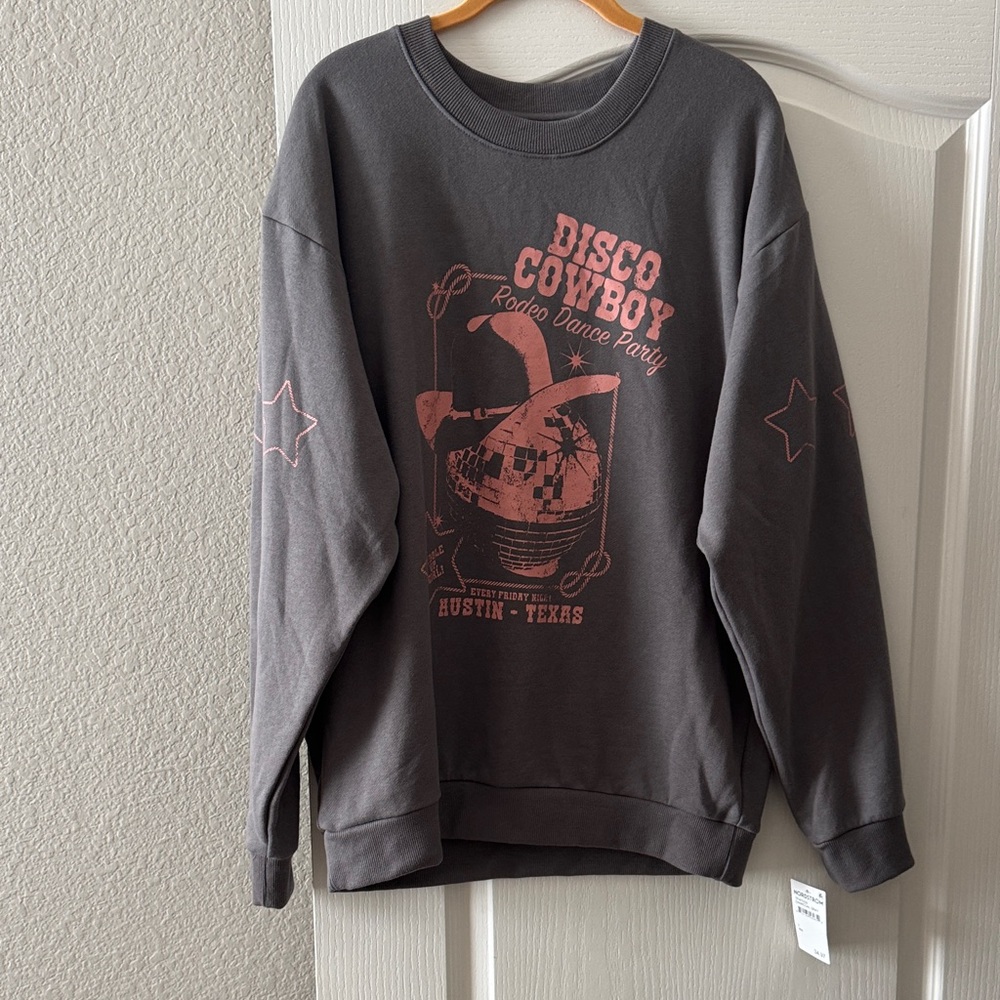 Charcoal Crewneck Sweatshirt with Pink 'Disco Cowboy' Graphic